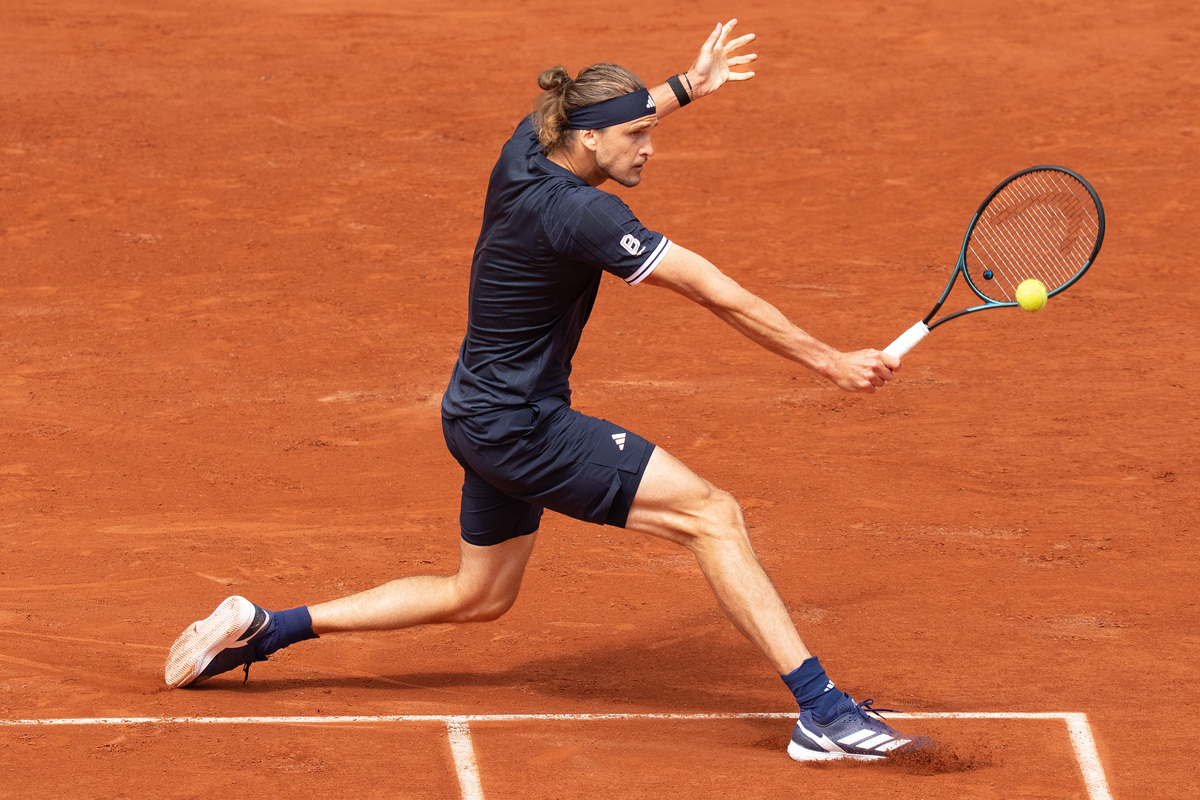 Alexander Zverev hits the ball during a match.