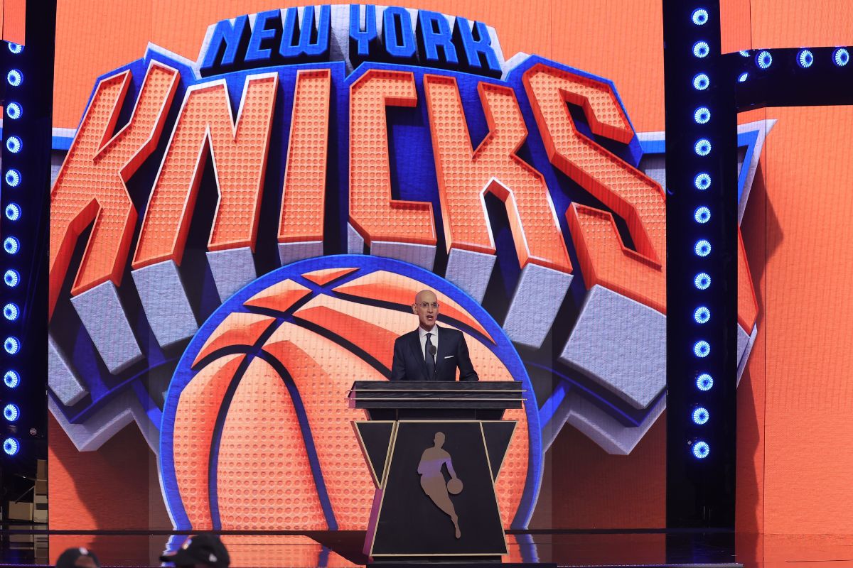 Jun 23, 2026; New York, NY, USA; NBA commissioner Adam Silver announces the twenty fourth pick in the 2026 NBA draft, Baylor guard Cameron Carr (not pictured) after he was selected by the New York Knicks at Barclays Center. Mandatory Credit: Brad Penner-Imagn Images
