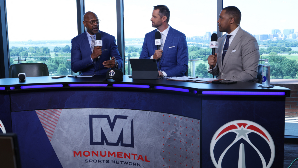 Jun 25, 2026; Washington, DC, USA; Monumental Sports Network Broadcasters speak after press conference for Washington Wizards first round draft pick and number one overall pick AJ Dybantsa (not pictured) at InterContinental Hotel. Mandatory Credit: Amber Searls-Imagn Images