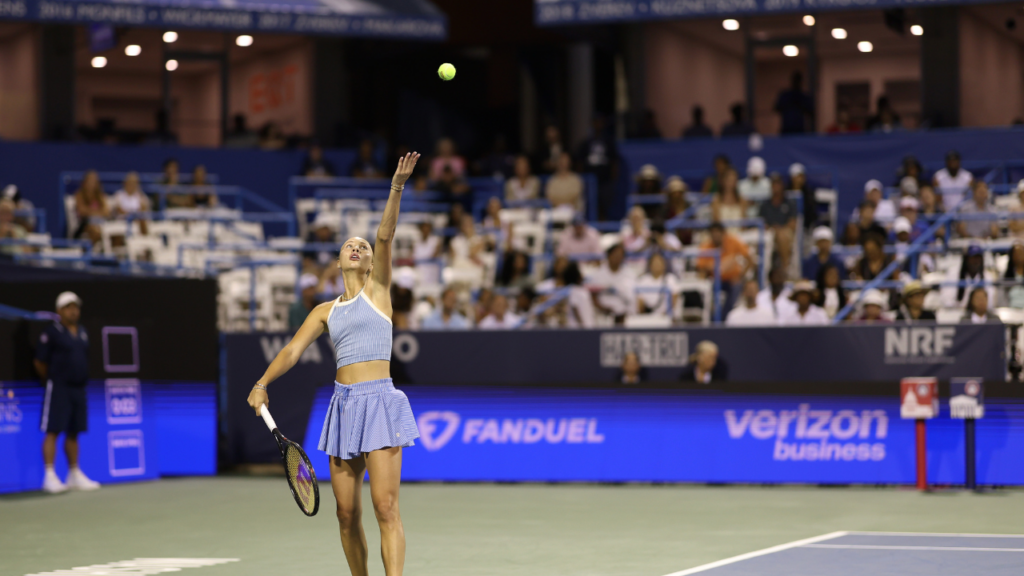 Jul 28, 2026; Washington, D.C., USA; Anastasia Potapova (AUT) reacts after winning the first set against Venus Williams (USA) (not pictured) on day two of the 2026 Mubadala DC Open at Rock Creek Park Tennis Center. Mandatory Credit: Geoff Burke-Imagn Images