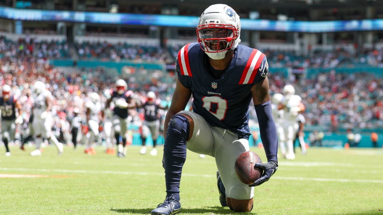 New England Patriots Kayshon Boutte celebrating in the endzone