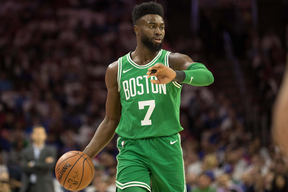 Oct 20, 2017; Philadelphia, PA, USA; Boston Celtics forward Jaylen Brown (7), who was traded to the 76ers, in action against the Philadelphia 76ers at Wells Fargo Center. Mandatory Credit: Bill Streicher-USA TODAY Sports