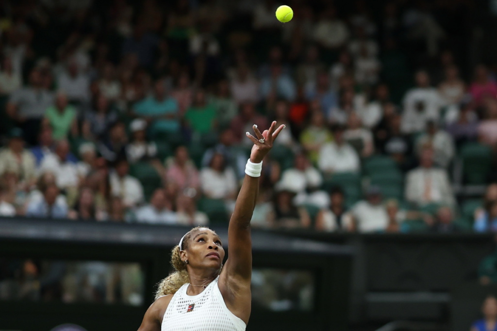 Serena Williams serves at Wimbledon. 
