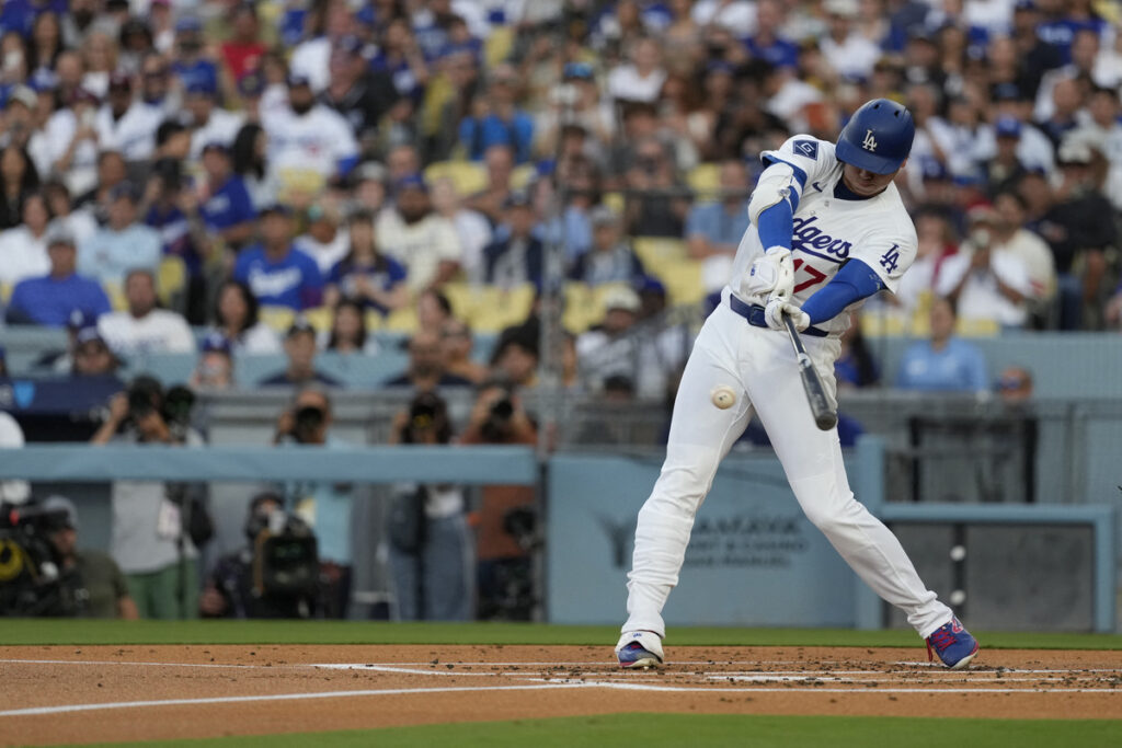 Shohei Ohtani bats for the Los Angeles Dodgers. 