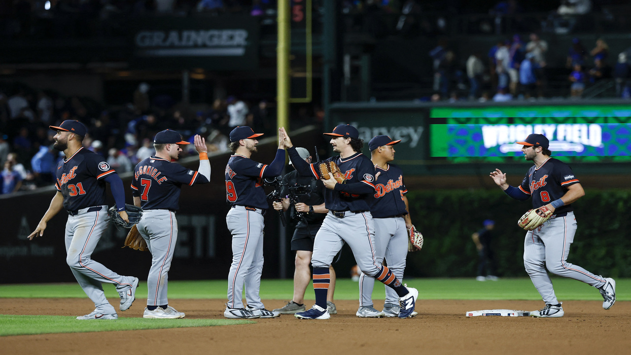 The Detroit Tigers celebrate a win.