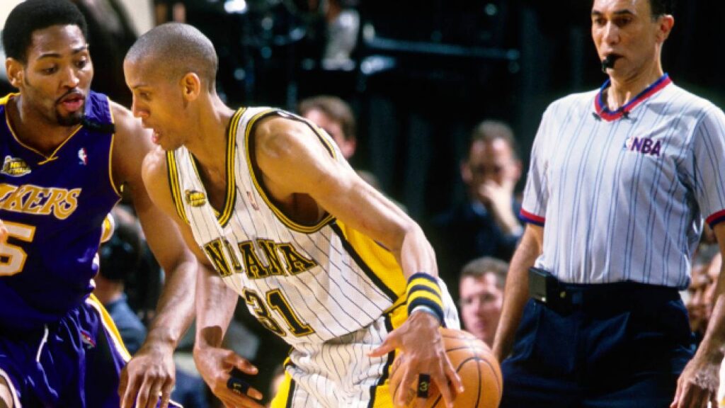 Los Angeles Lakers forward Robert Horry (5) defends Indiana Pacers guard Reggie Miller (31) during the 2000 NBA Finals at Conseco Fieldhouse, in an image accompanying the Robert Horry vs. James Harden NBA legacy debate.