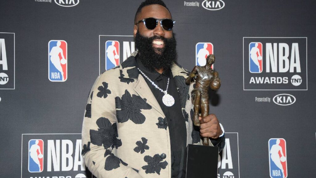 Houston Rockets guard James Harden poses with his NBA MVP award during the NBA Award Show at Barker Hangar, in an image accompanying the Robert Horry vs. James Harden NBA legacy debate.