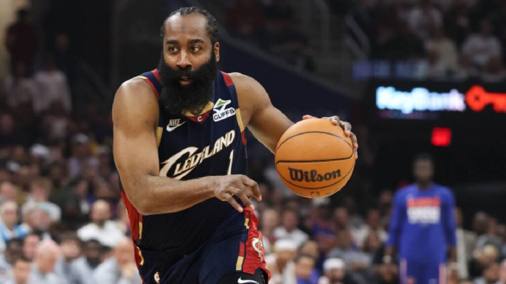 Cleveland Cavaliers guard James Harden (1) drives the ball in the second quarter against the New York Knicks during game three of the eastern conference finals for the 2026 NBA playoffs at Rocket Arena.