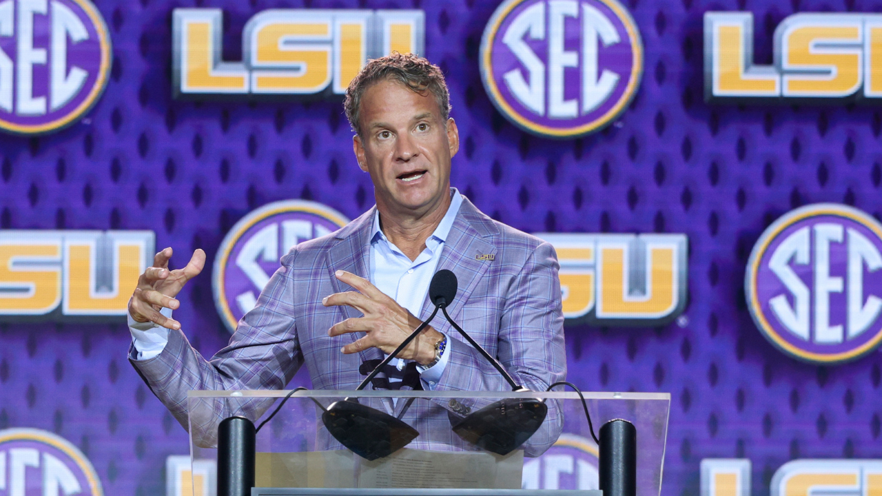 Jul 23, 2026; Tampa, FL, USA; LSU Tigers head coach Lane Kiffin speaks to the press during SEC Football Kickoff Media Day at the Tampa Marriott. Mandatory Credit: Nathan Ray Seebeck-Imagn Images