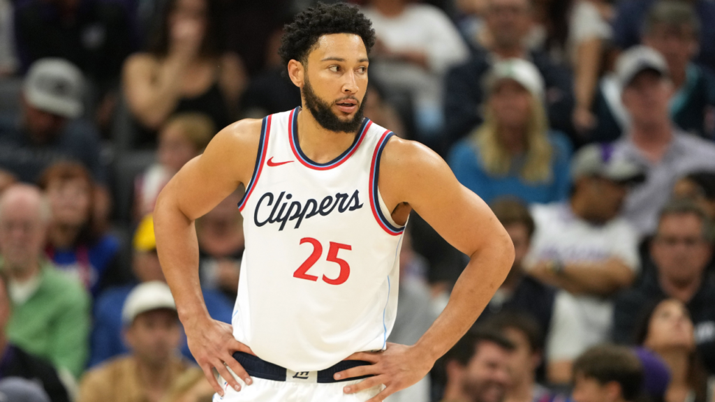 Apr 11, 2025; Sacramento, California, USA; Los Angeles Clippers guard Ben Simmons (25) during the third quarter against the Sacramento Kings at Golden 1 Center. Mandatory Credit: Darren Yamashita-Imagn Images
