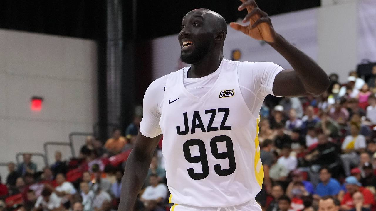 Utah Jazz guard Tacko Fall (99) calls for a pass during an NBA Summer League game against the Dallas Mavericks at Cox Pavilion.
