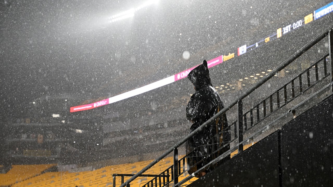 NFL Weather: A fan stands in the rain during a weather delay before the game between the Pittsburgh Steelers and Dallas Cowboys at Acrisure Stadium. Mandatory Credit: Barry Reeger-Imagn Images