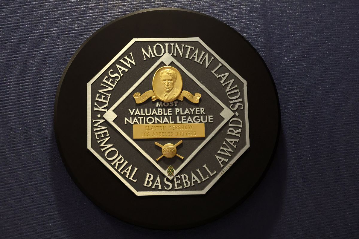 Sep 19, 2025; Los Angeles, California, USA; Detailed view of 2014 National League MVP plaque presented to Los Angeles Dodgers starting pitcher Clayton Kershaw display at Dodger Stadium. Mandatory Credit: Kiyoshi Mio-Imagn Images