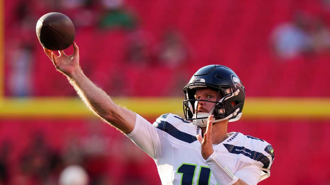 Aug 28, 2026; Kansas City, Missouri, USA; Seattle Seahawks, who are kicking off NFL week 1, quarterback Sam Darnold (14) warms up prior to a game against the Kansas City Chiefs at Arrowhead Stadium. Mandatory Credit: Jay Biggerstaff-Imagn Images