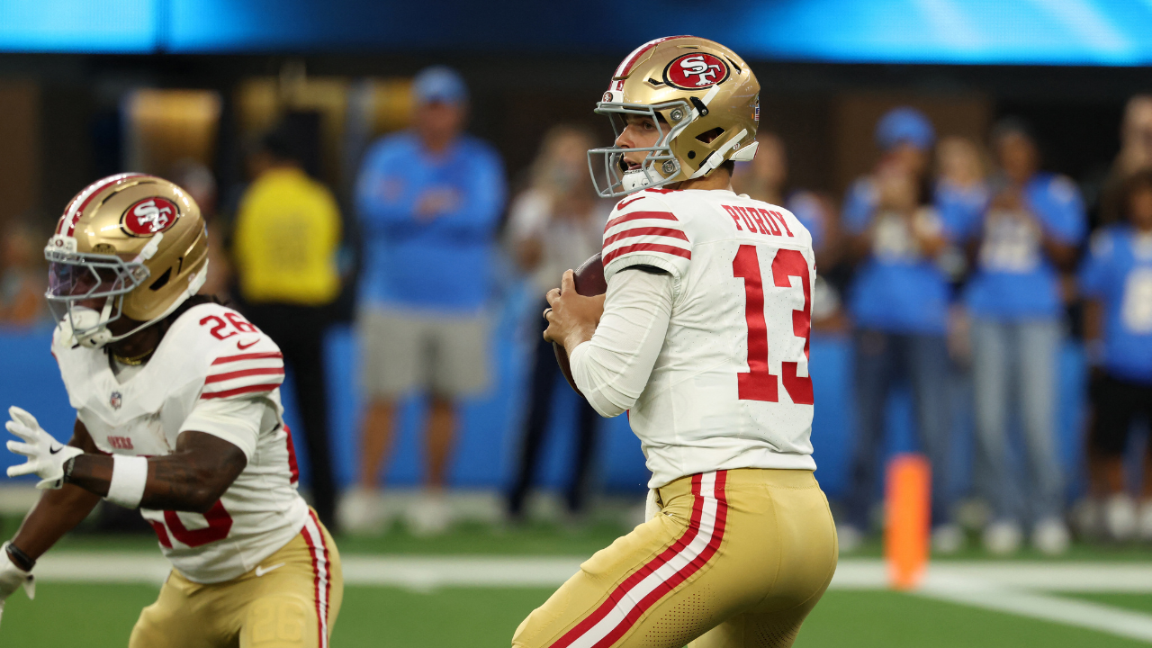 Aug 20, 2026; Inglewood, California, USA; San Francisco 49ers quarterback Brock Purdy (13) looks to pass the ball during the first quarter against the Los Angeles Chargers at SoFi Stadium. Mandatory Credit: Kiyoshi Mio-Imagn Images