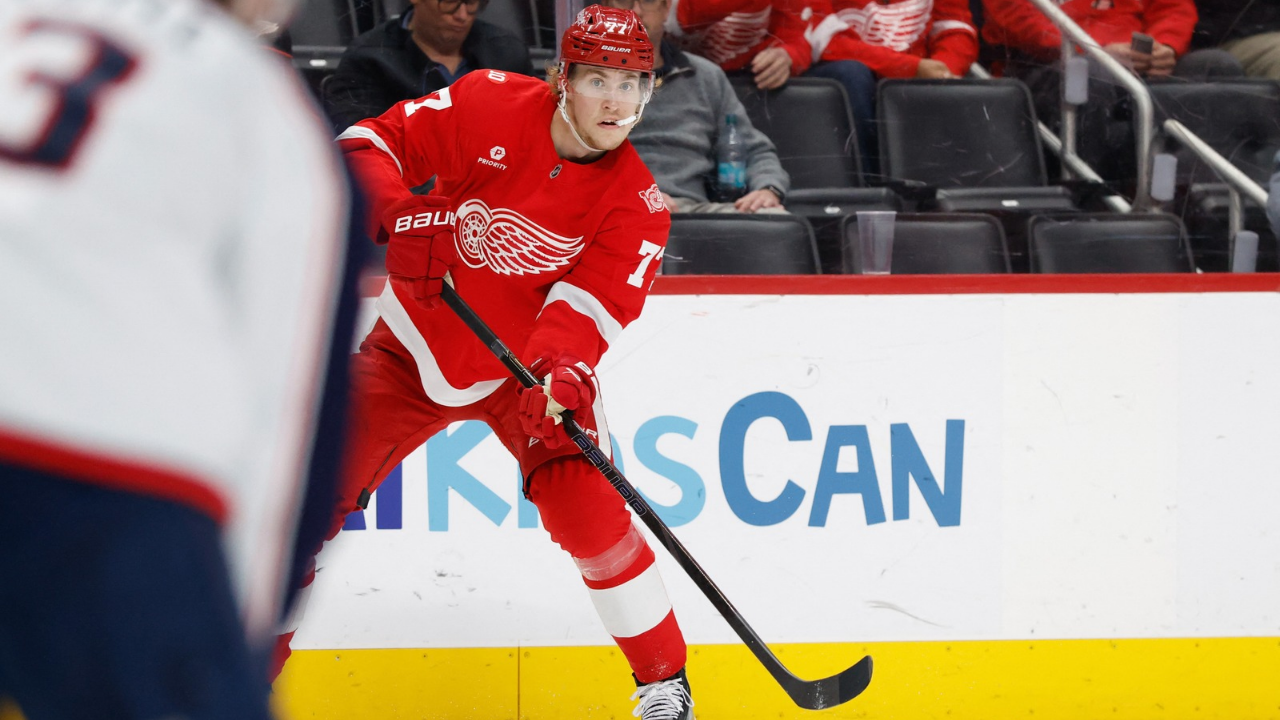 Apr 7, 2026; Detroit, Michigan, USA; Detroit Red Wings defenseman Simon Edvinsson (77) passes in the second period against the Columbus Blue Jackets at Little Caesars Arena. Mandatory Credit: Rick Osentoski-Imagn Images